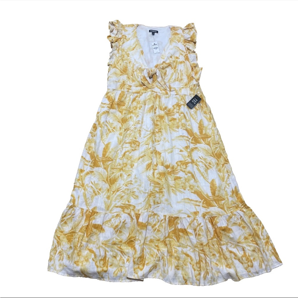 Express Women's Linen Midi Dress Yellow Floral Flutter Sleeve Tie Front XL P NWT
